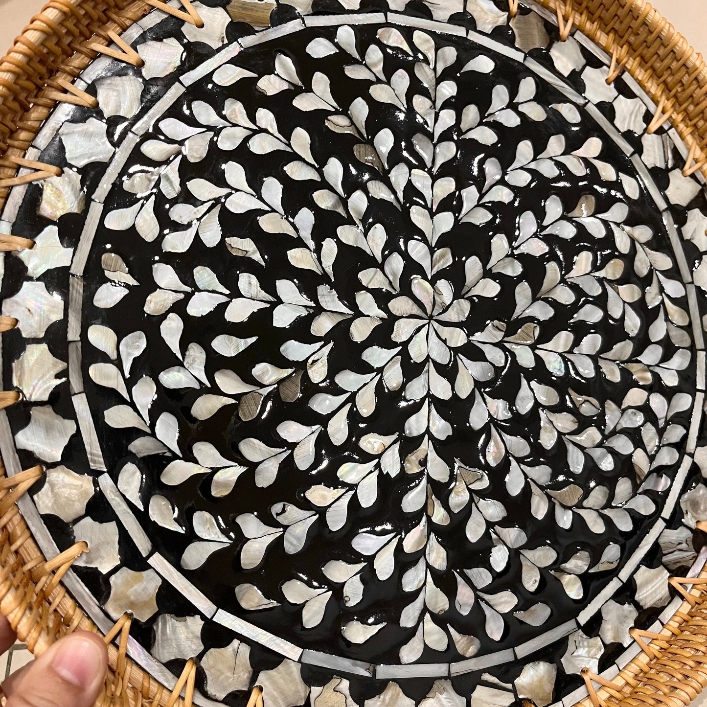 Black & White Mother of Pearl Rattan Tray