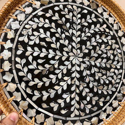 Black & White Mother of Pearl Rattan Tray