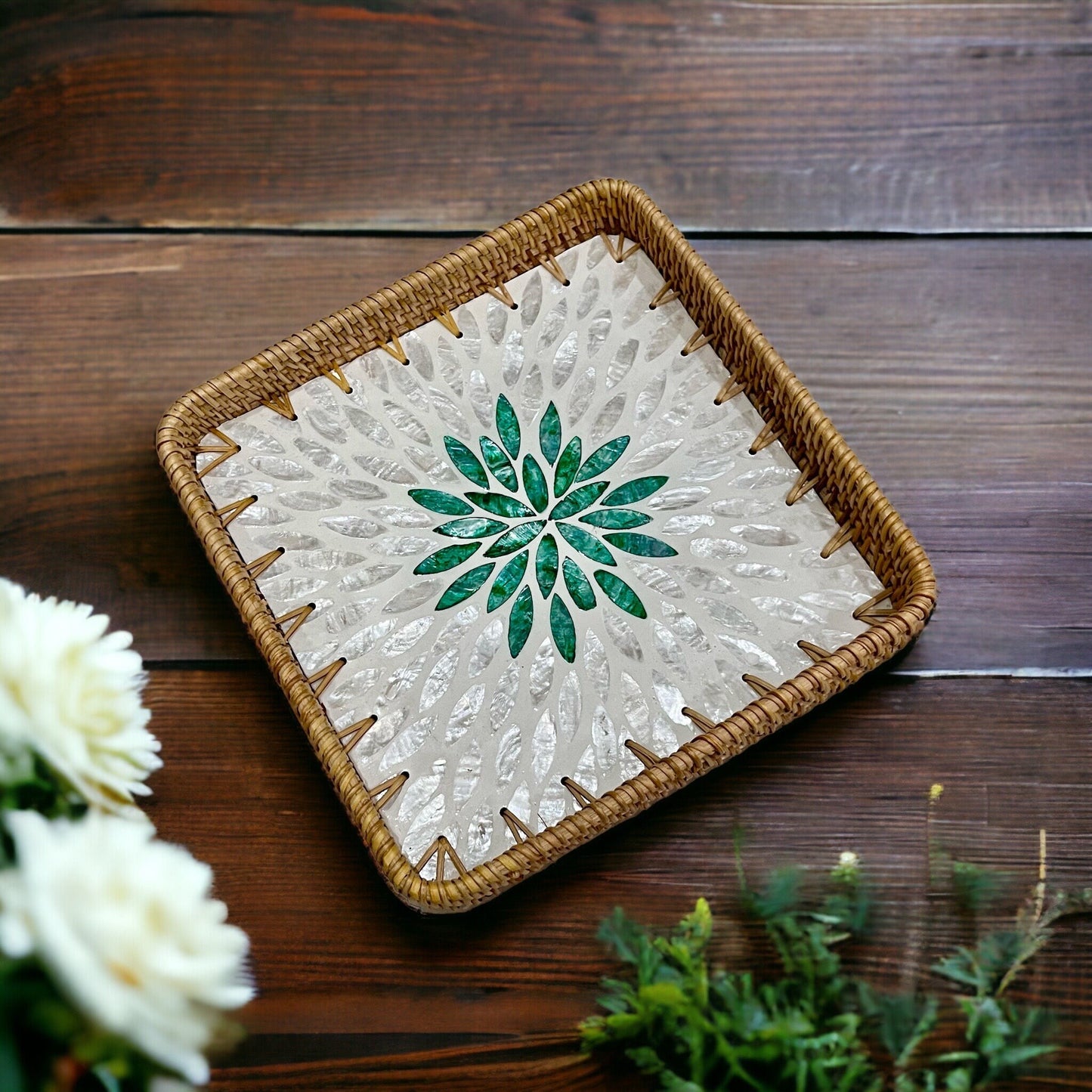 Handwoven Rattan Tray with Capiz Shell Inlay – Square Floral Decorative Serving Tray