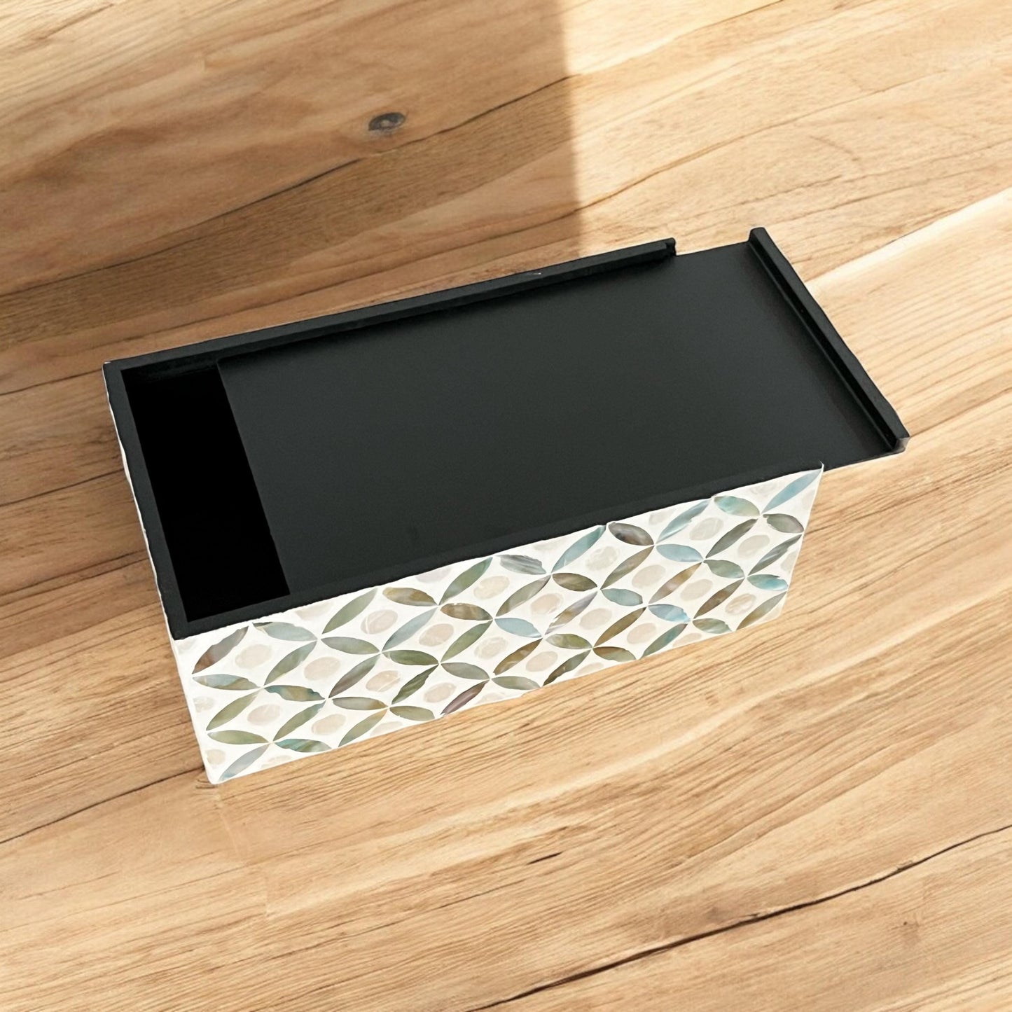 Rectangular Mother of Pearl & Capiz Tissue Box Cover – Ivory Geometric Floral Design