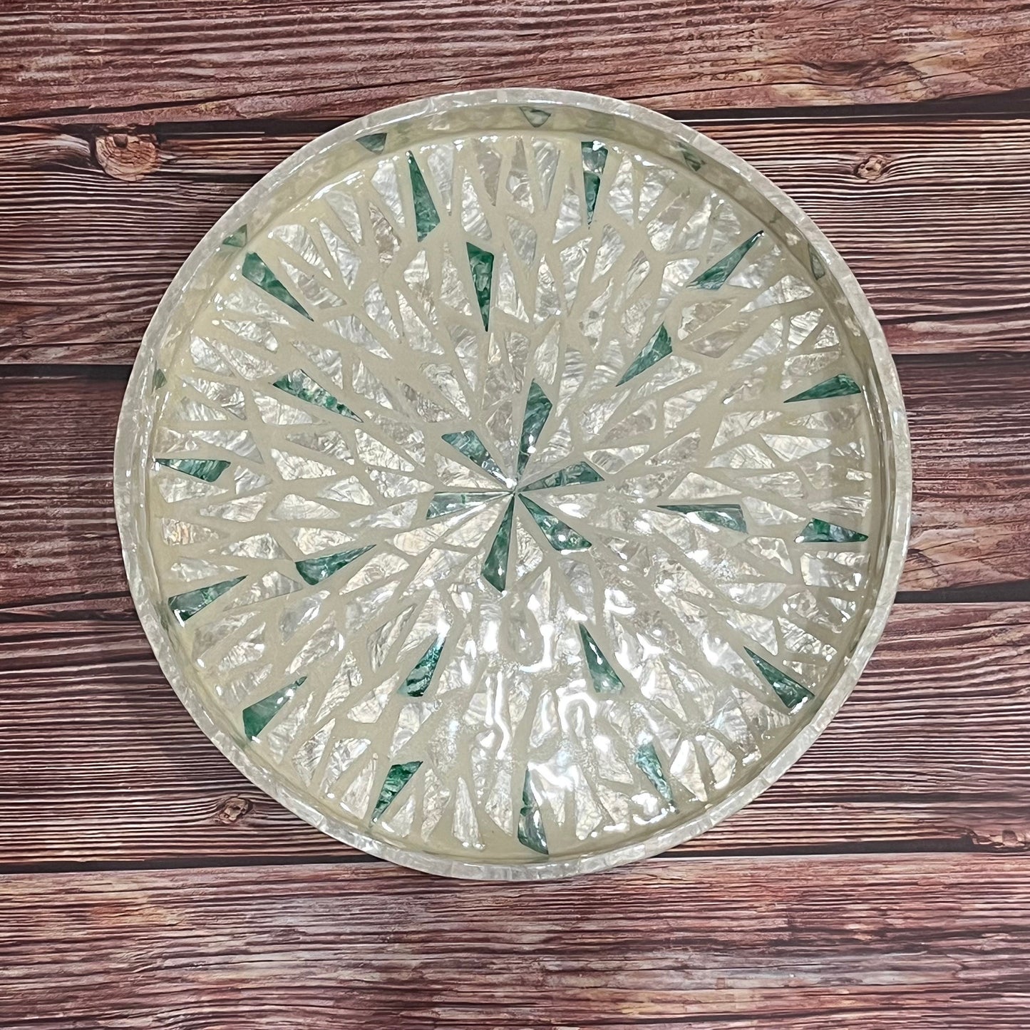 Round Capiz Shell Sunburst Inlay Tray with Green Accents