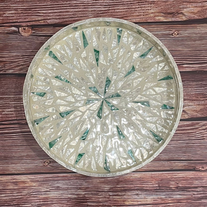 Round Capiz Shell Sunburst Inlay Tray with Green Accents