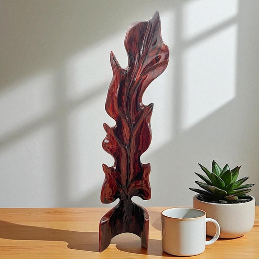Hand-Carved Rosewood Oak Leaf Sculpture: Solid Wood Decor, 24" Tall