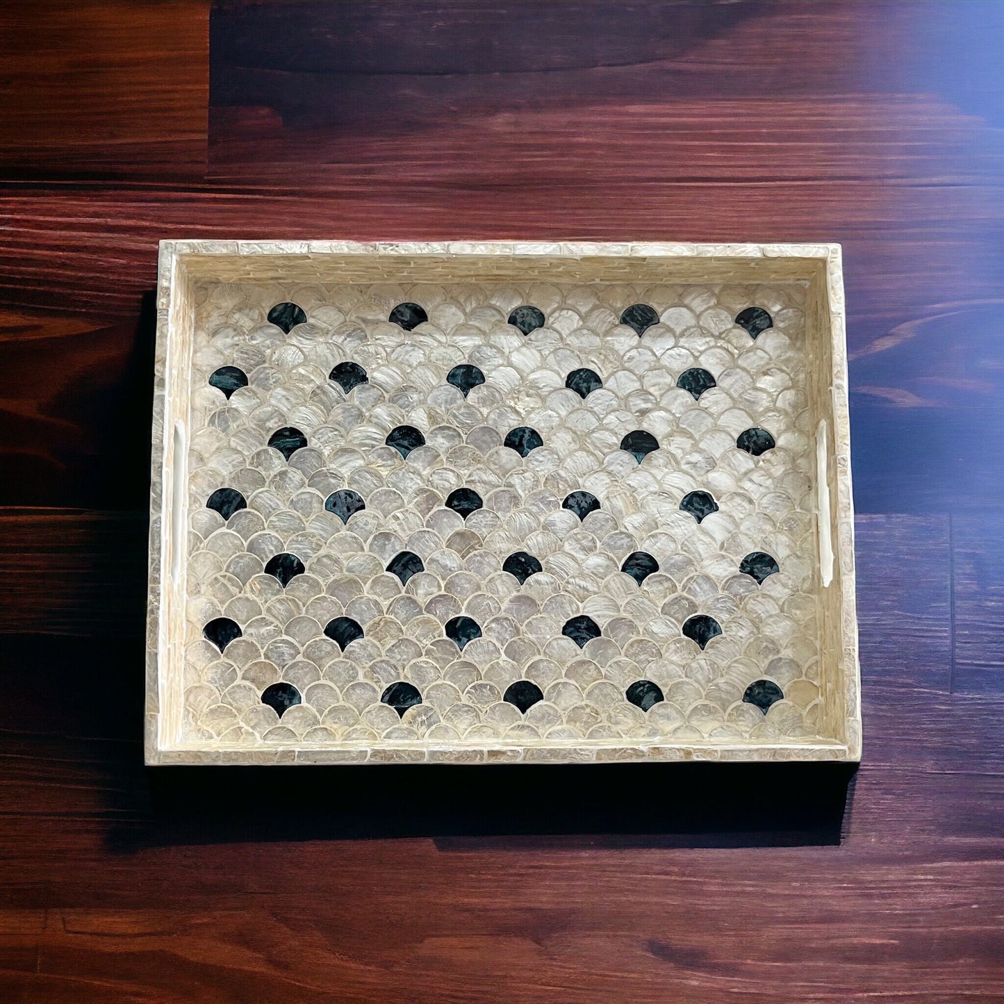 Rectangular Ivory & Black Capiz Shell Scallop Inlay Tray