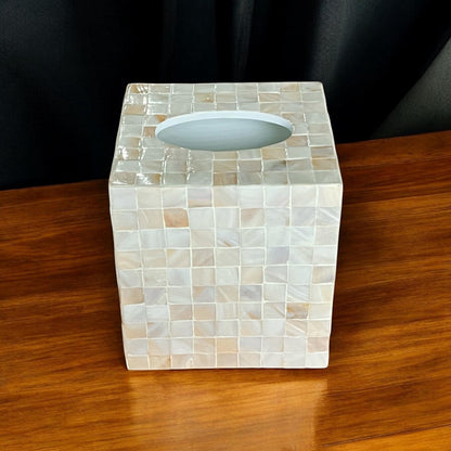 Mother of Pearl Inlay Cube Tissue Box Cover: Ivory Color Square Mosaic Pattern