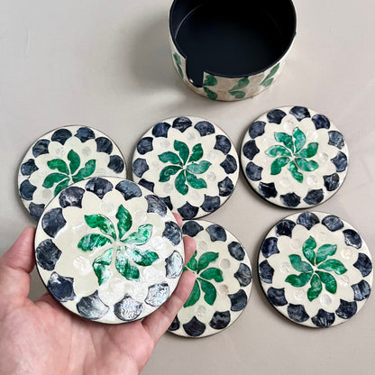 Green Floral Capiz Shell Coaster Set with Holder