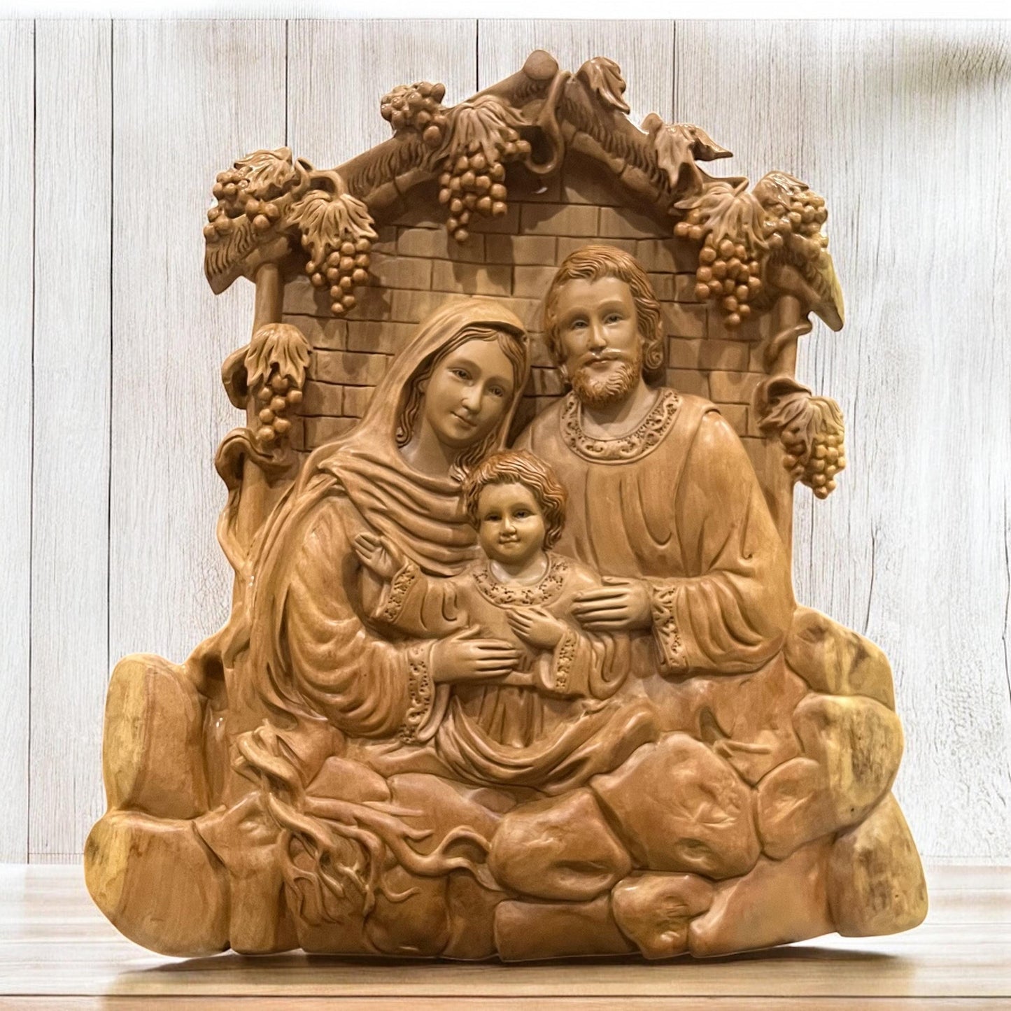 Hand-Carved Aromatic Wood Holy Family Statue: Catholic Wall Decor