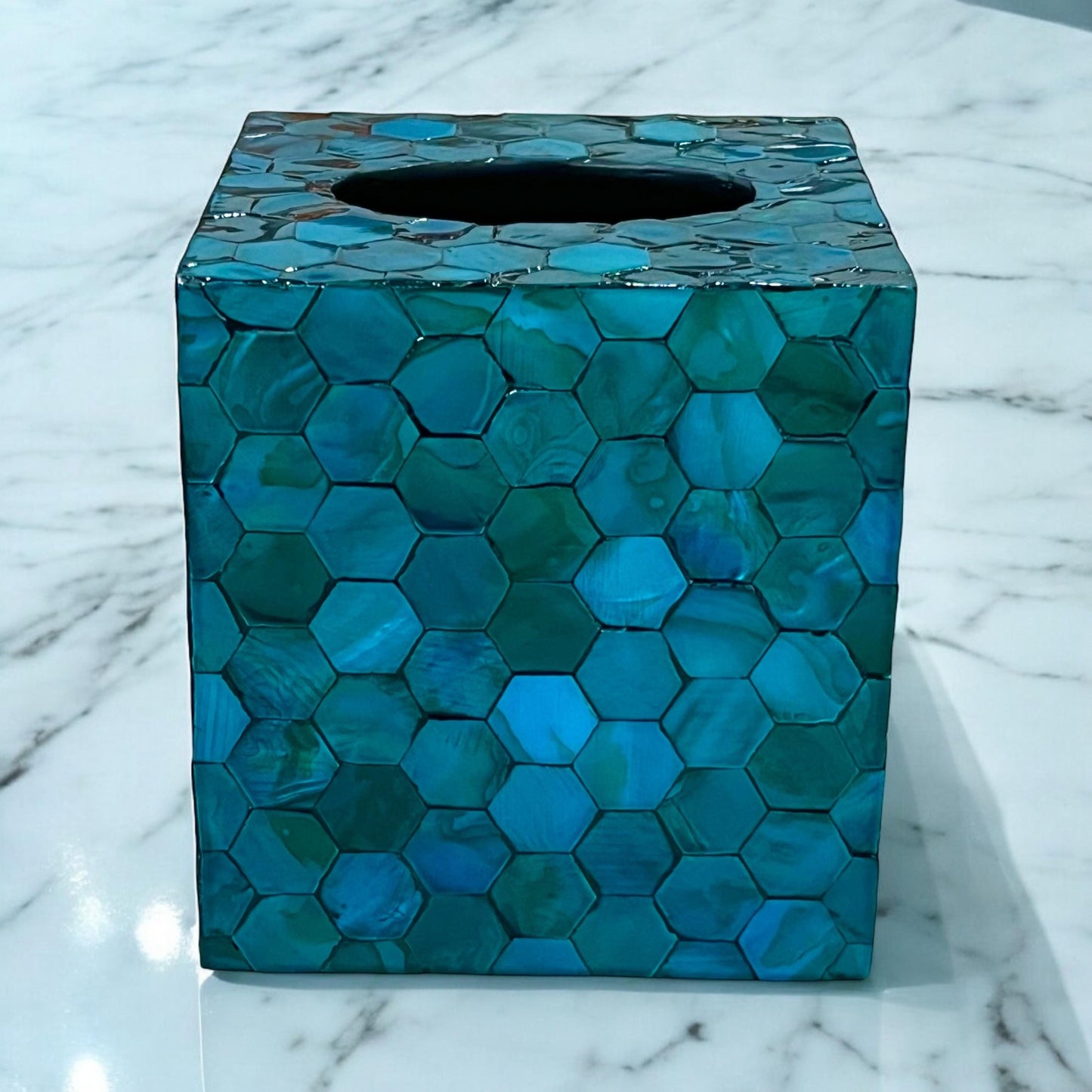 Square Blue Teal Hexagon Mother of Pearl Tissue Box Cover