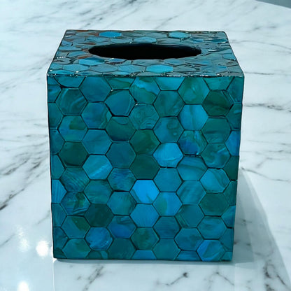 Square Blue Teal Hexagon Mother of Pearl Tissue Box Cover