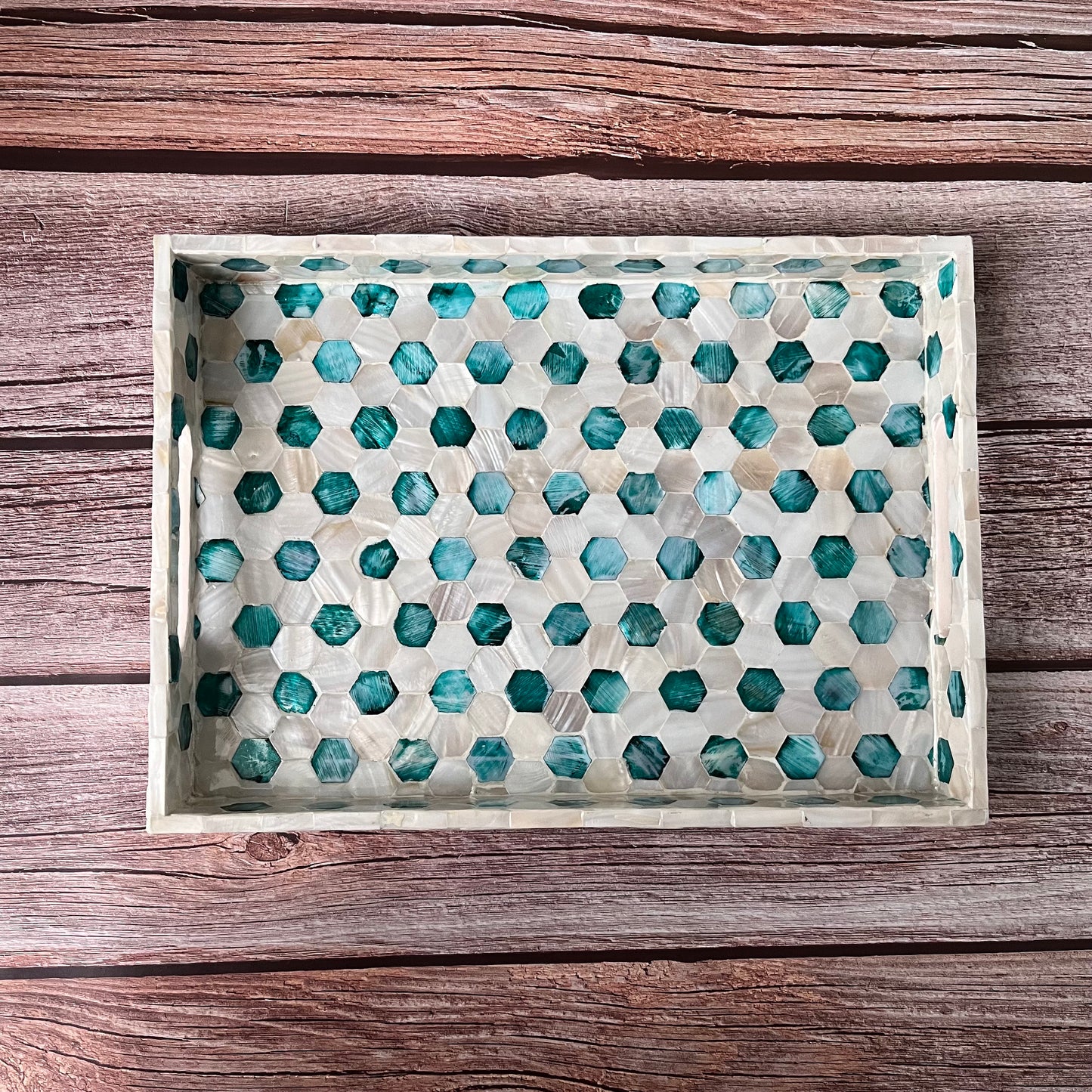 Mother of Pearl Serving Tray: Handmade Honeycomb Inlay, Vietnamese Craft