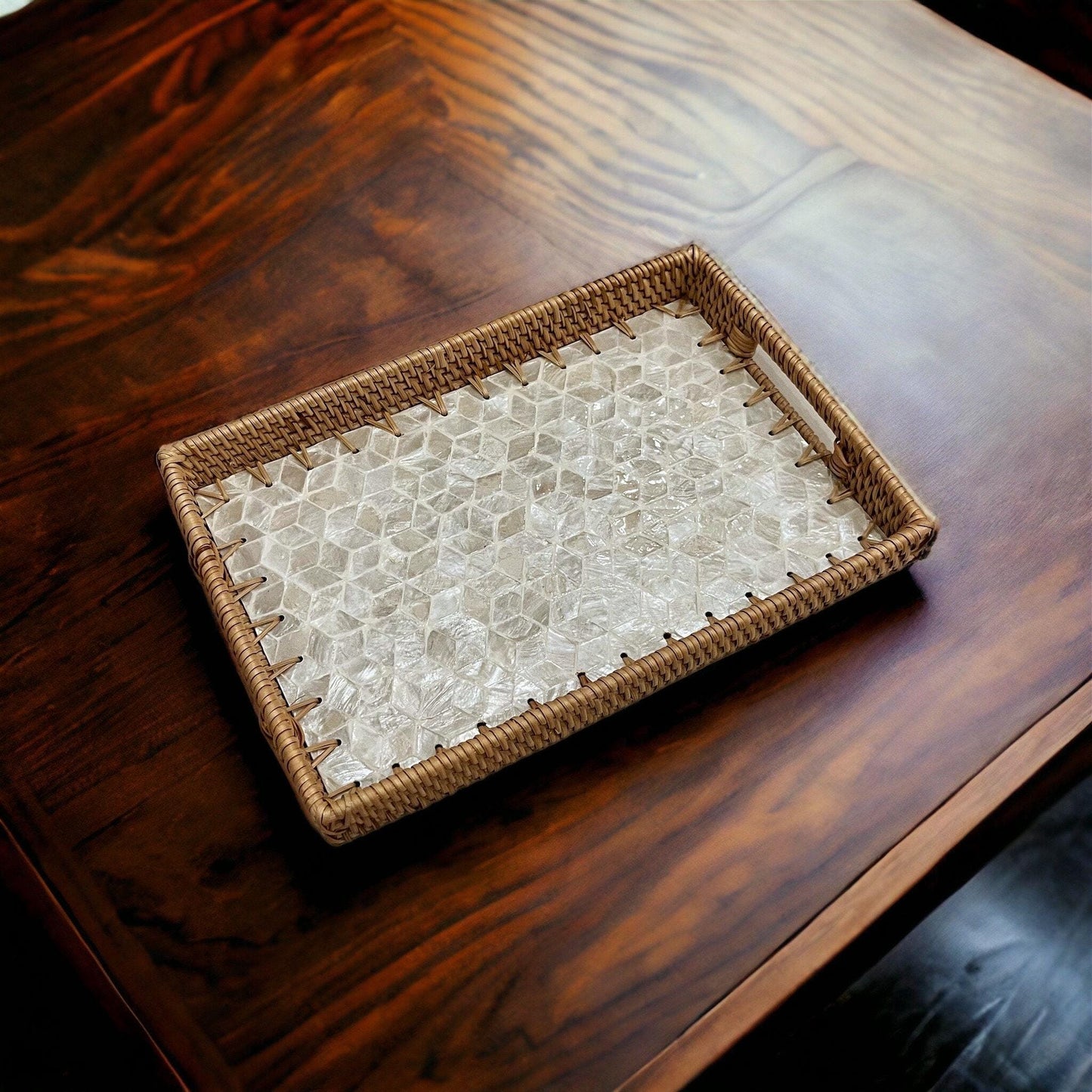 Ivory Rectangle Hand-woven Rattan Decorative Tray