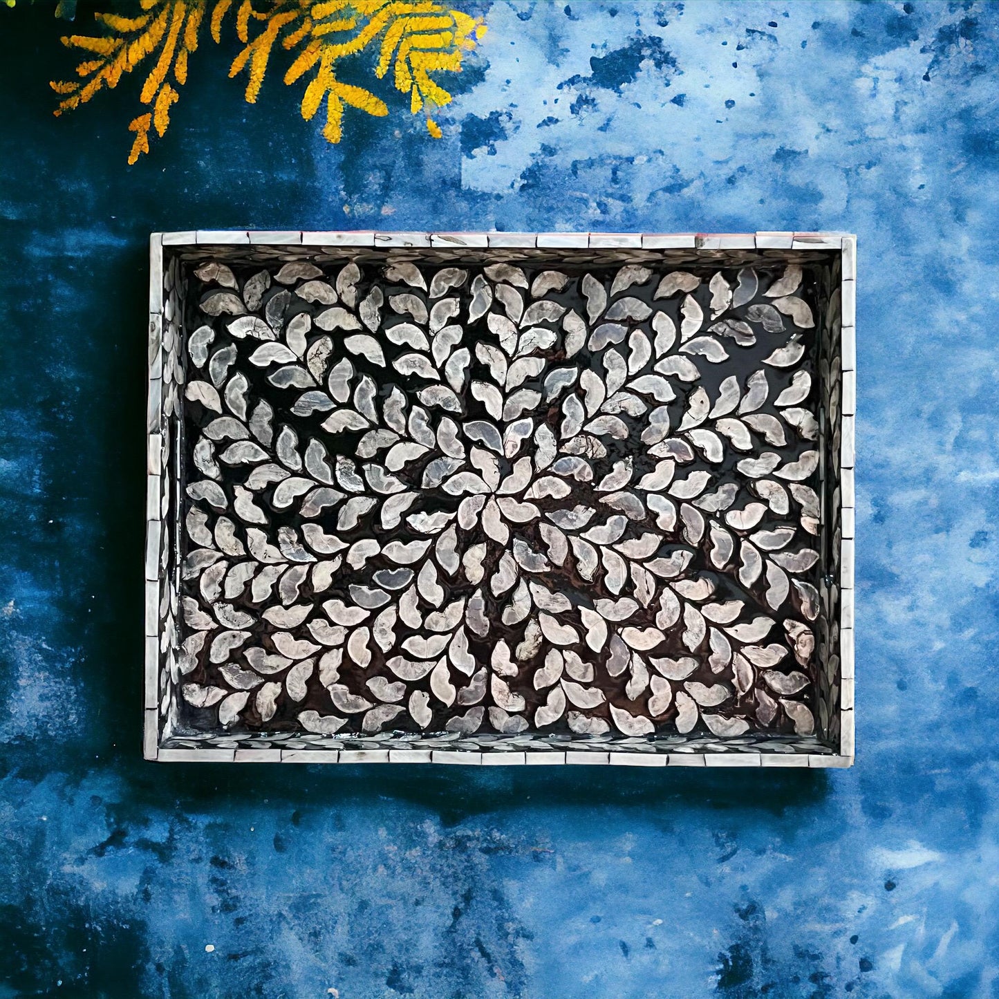 Black Mother of Pearl & Capiz Shell Leaf Inlay Tray