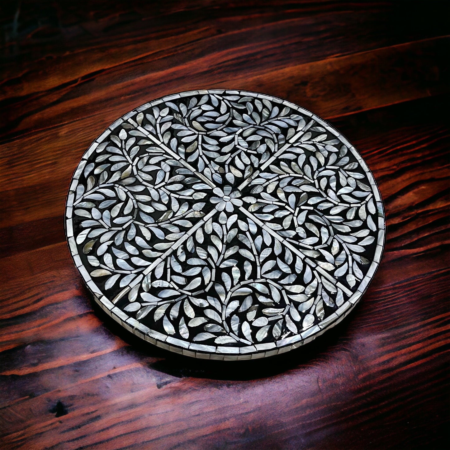 Mother of Pearl Lazy Susan Turntable, Black Leaf Inlay Rotating Tray