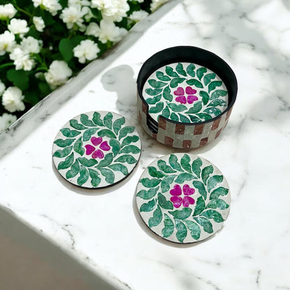 Floral Capiz Shell Coaster Set with Holder – Handmade Decorative Drink Coasters