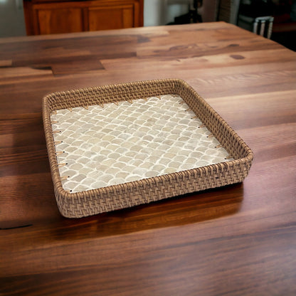 Square Capiz Shell Rattan Tray – Handmade Woven Serving Tray with Pearl Mosaic