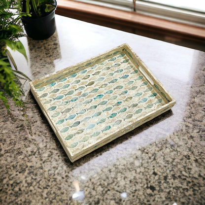 Rectangular Mother of Pearl & Capiz Shell Fish Pattern Inlay Tray