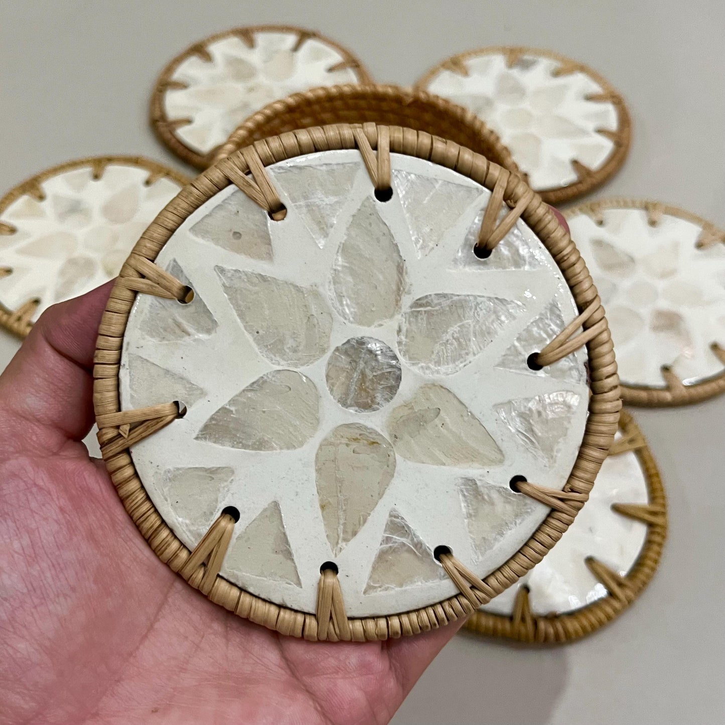Round Ivory Capiz Shell & Rattan Coaster Set with Handwoven Holder