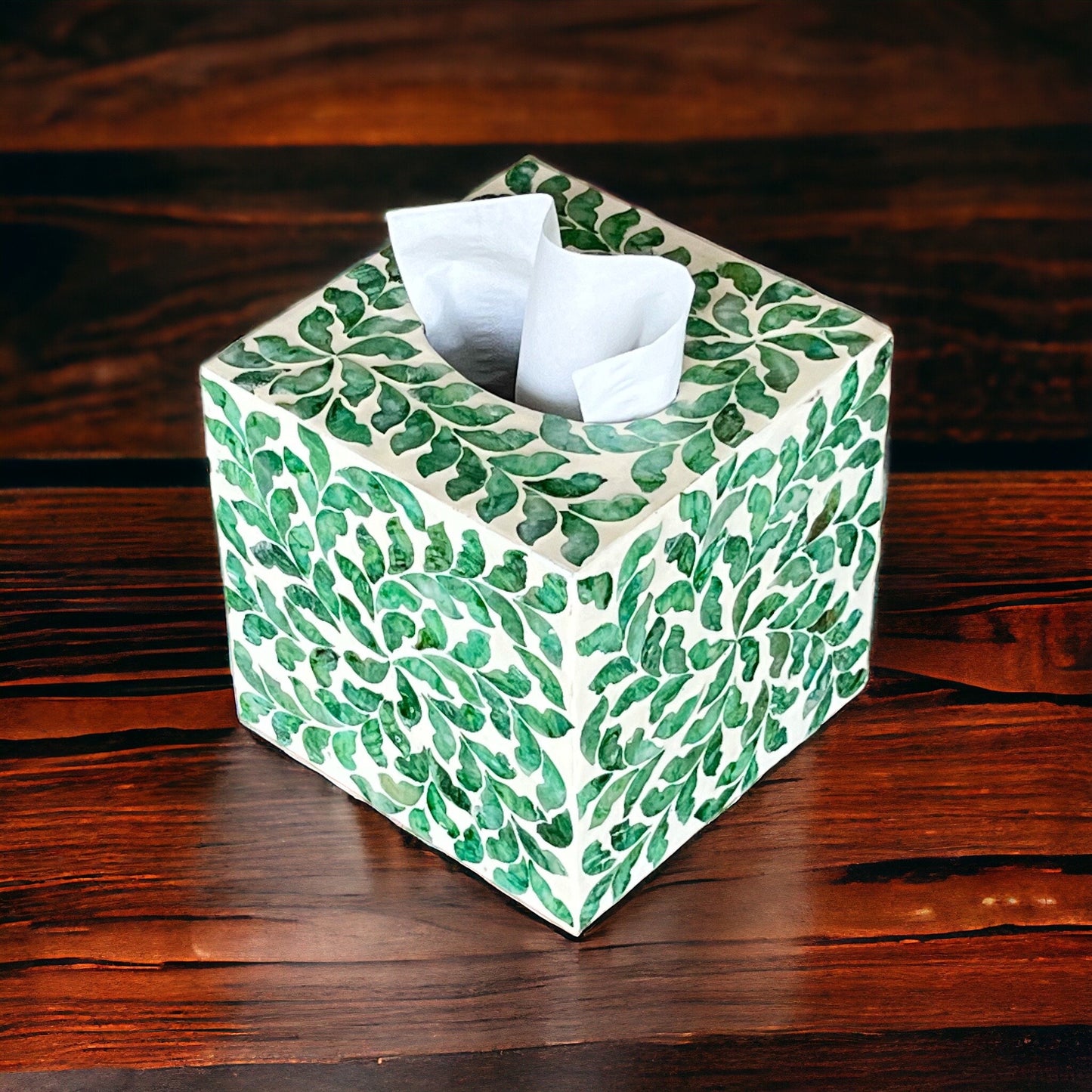 Green Leaf Capiz Inlay Square Tissue Box Cover