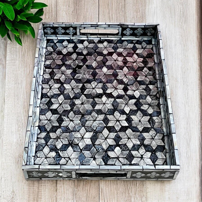 Rectangular Black & White Shell Inlay Tray with Snowflake Pattern