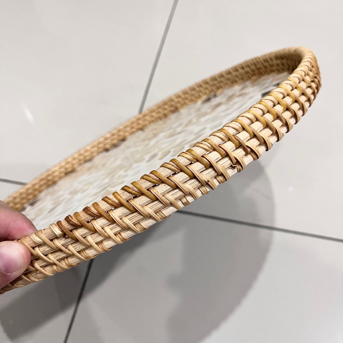 Black White Gold flower Hand-woven Capiz Shell Tray
