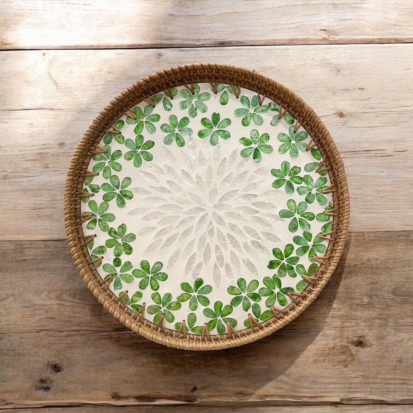 Green flower Hand-woven Rattan & Capiz Shell Serving Tray