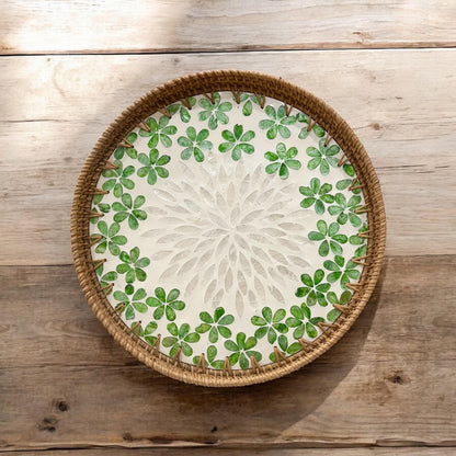 Green flower Hand-woven Rattan & Capiz Shell Serving Tray