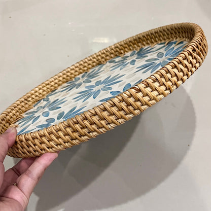 Round Rattan Tray with Blue Capiz Shell Inlay – Handmade Floral Serving Tray
