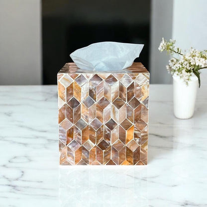 Mother of Pearl Inlay Tissue Box Cover: Brown Cube Mosaic