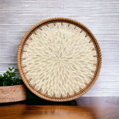 Round Rattan Tray with Ivory Capiz Shell Inlay – Handmade Decorative Serving Tray