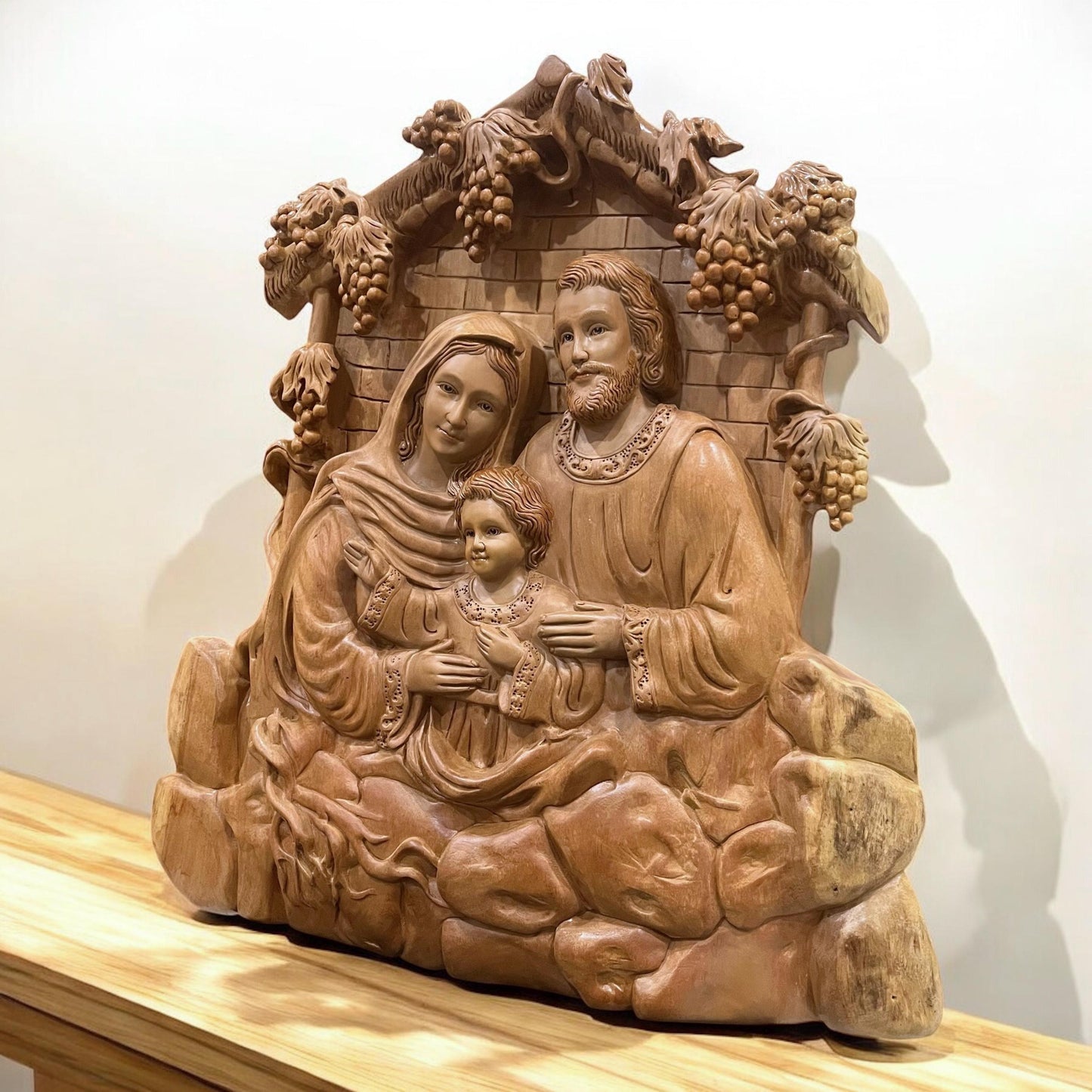 Hand-Carved Aromatic Wood Holy Family Statue: Catholic Wall Decor