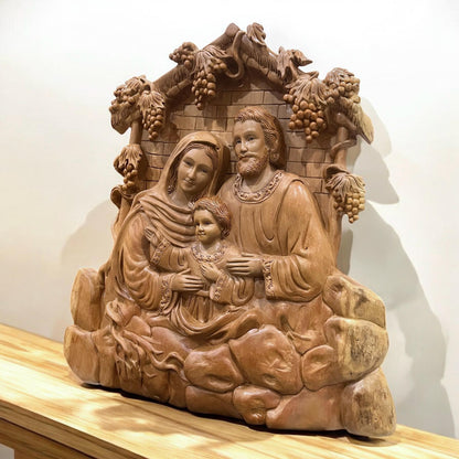 Hand-Carved Aromatic Wood Holy Family Statue: Catholic Wall Decor