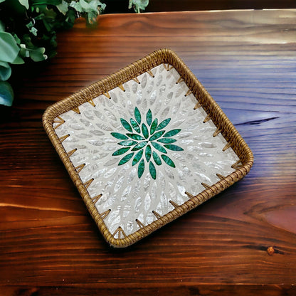 Handwoven Rattan Tray with Capiz Shell Inlay – Square Floral Decorative Serving Tray