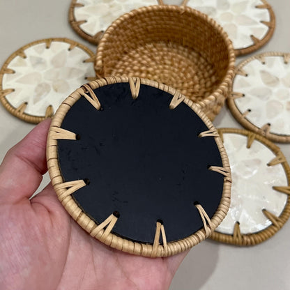 Round Ivory Capiz Shell & Rattan Coaster Set with Handwoven Holder