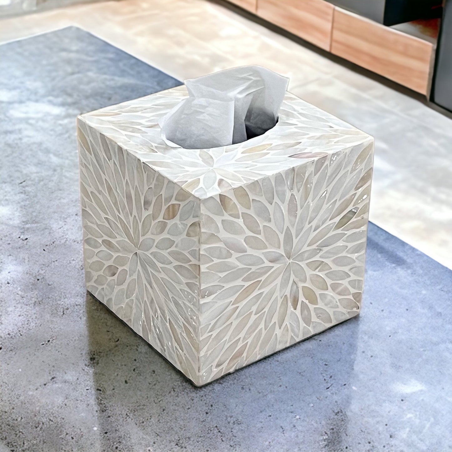 Mother of Pearl Inlay Tissue Box Cover - Ivory Cream Floral Nacre Design
