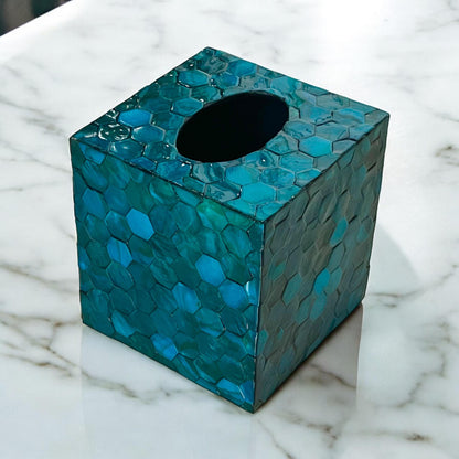 Square Blue Teal Hexagon Mother of Pearl Tissue Box Cover