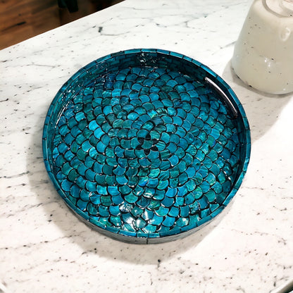 Round Turquoise Mother of Pearl Scallop Inlay Tray