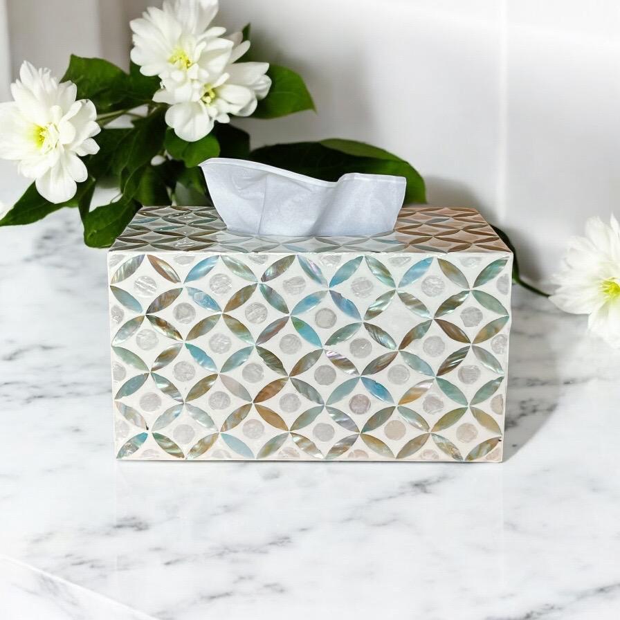 Rectangular Mother of Pearl & Capiz Tissue Box Cover – Ivory Geometric Floral Design