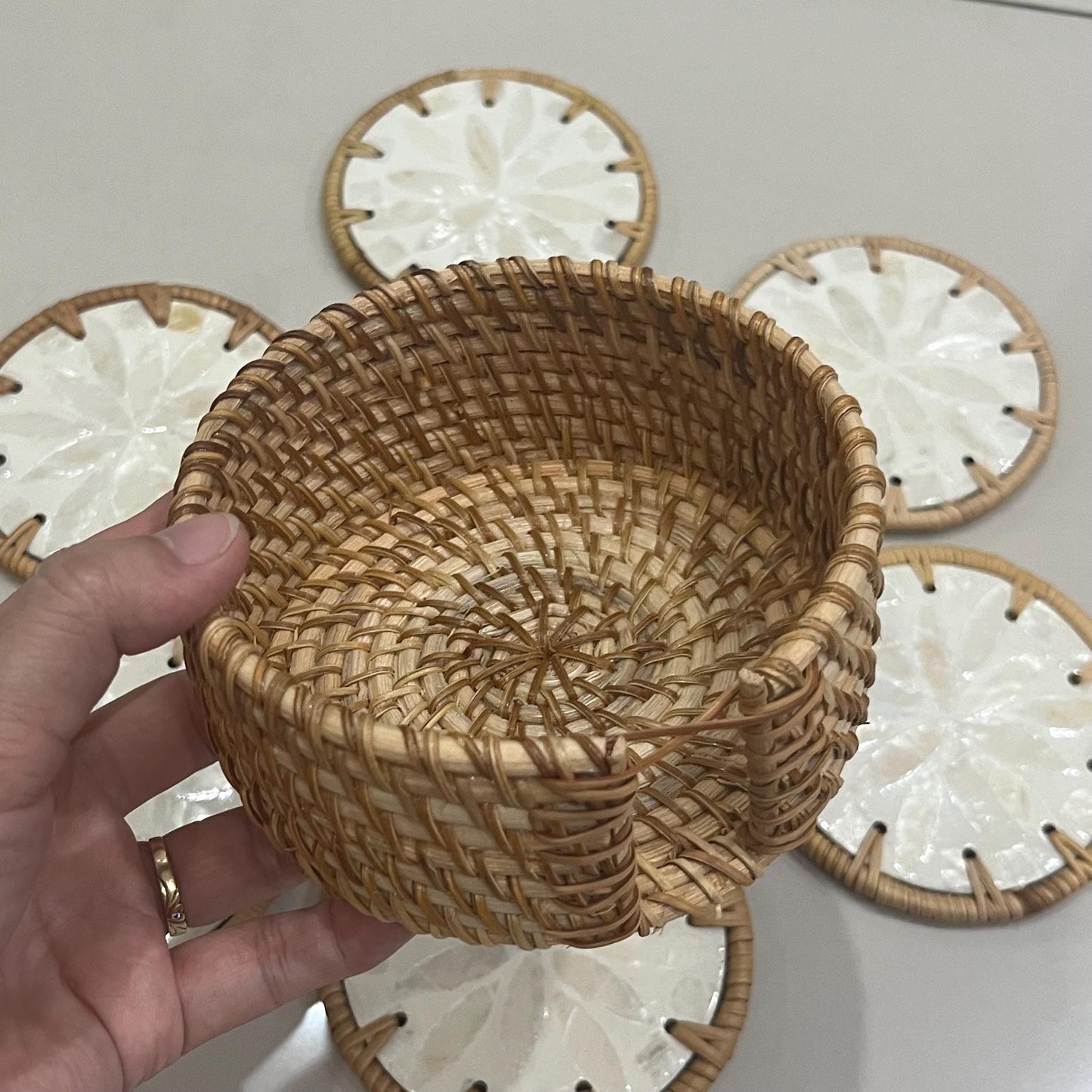 Ivory Floral Capiz Shell Coaster Set with Rattan Holder