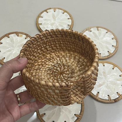Ivory Floral Capiz Shell Coaster Set with Rattan Holder