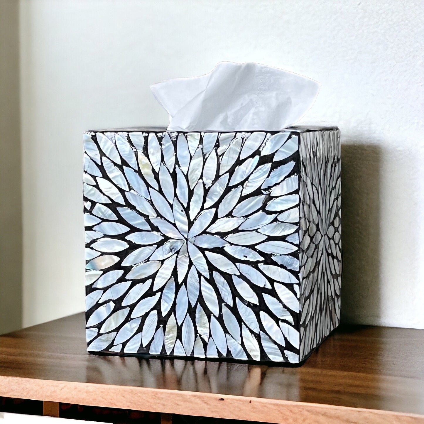 Black & White Floral Cube Mother of Pearl Tissue Box Cover
