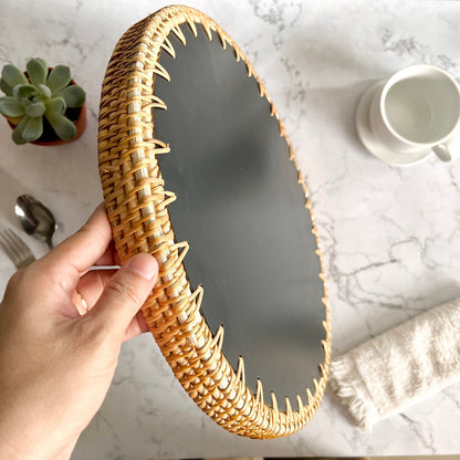 Round Rattan Tray with Black & Ivory Capiz Shell Inlay