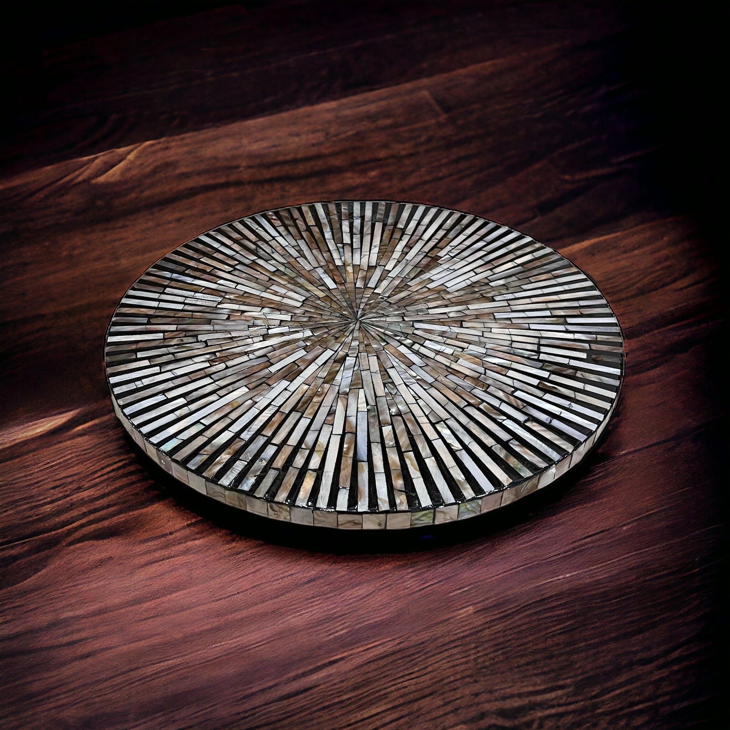 Mother of Pearl Lazy Susan Turntable, Black Sunburst Inlay Rotating Tray