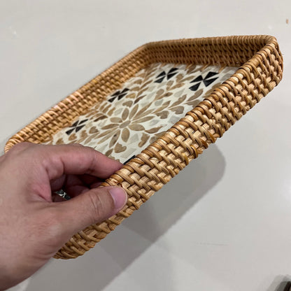 Square Capiz Shell Rattan Tray – Handmade Floral Mosaic Woven Serving Tray