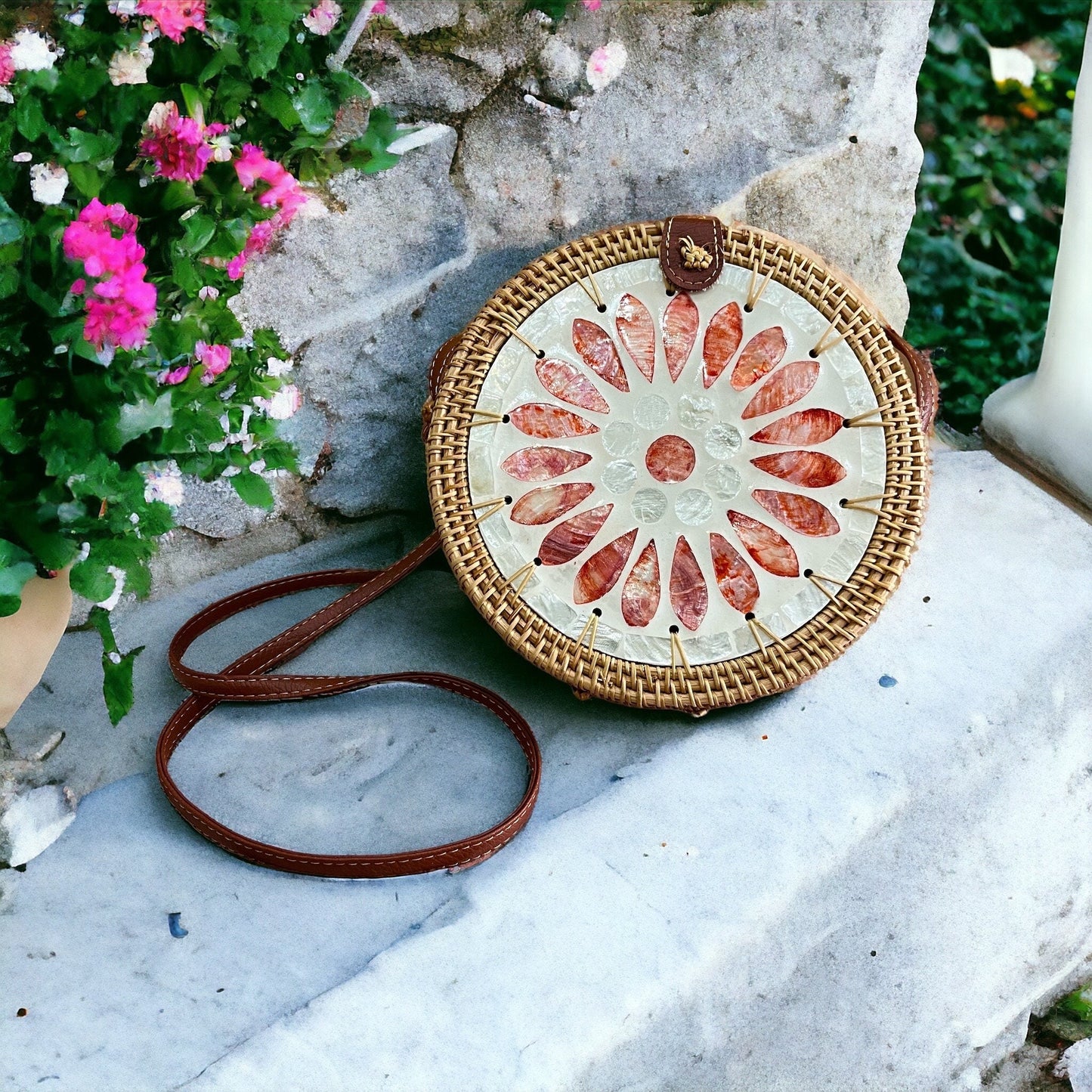 Summer Red Flower Round Rattan Crossbody Bag