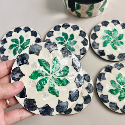 Green Floral Capiz Shell Coaster Set with Holder