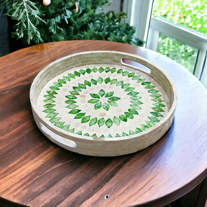 Round Green Leaf Mother of Pearl & Capiz Shell Inlay Tray