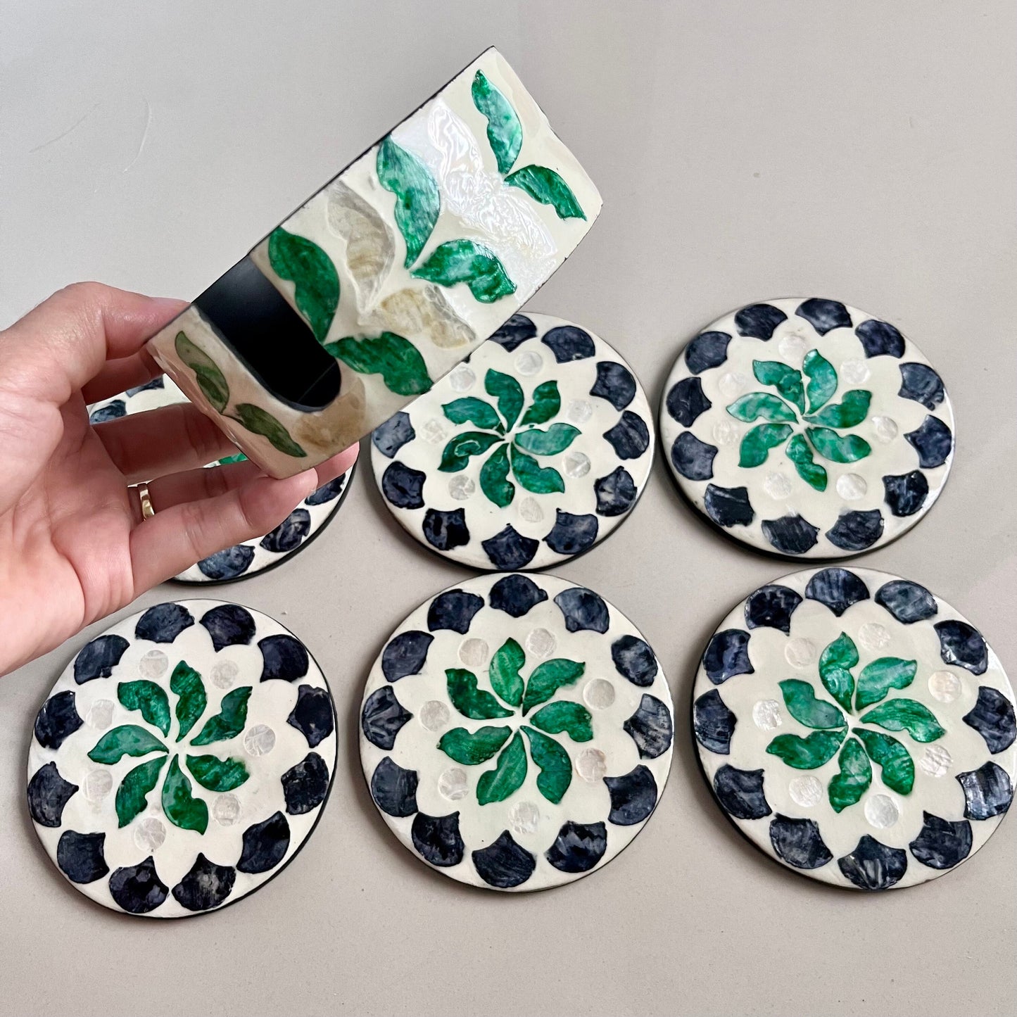 Green Floral Capiz Shell Coaster Set with Holder