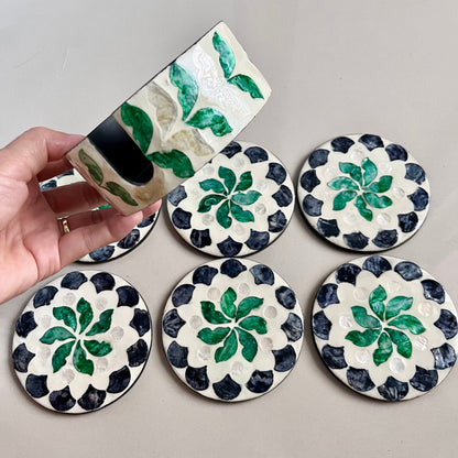 Green Floral Capiz Shell Coaster Set with Holder
