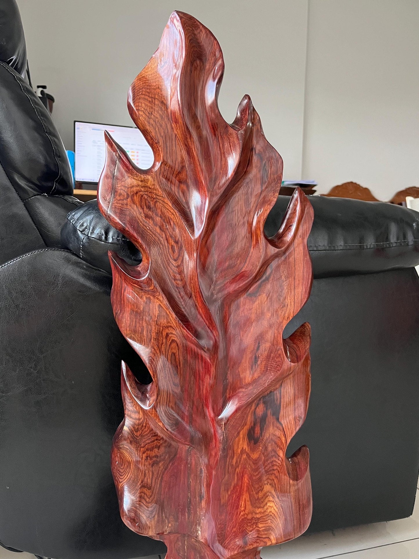 Hand-Carved Rosewood Oak Leaf Sculpture: Natural Wood Decor 31 in Tall