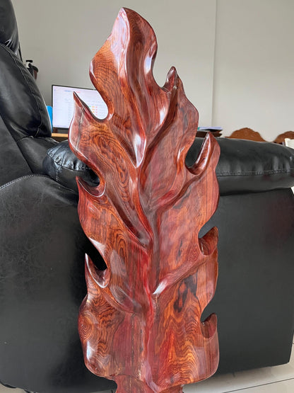 Hand-Carved Rosewood Oak Leaf Sculpture: Natural Wood Decor 31 in Tall